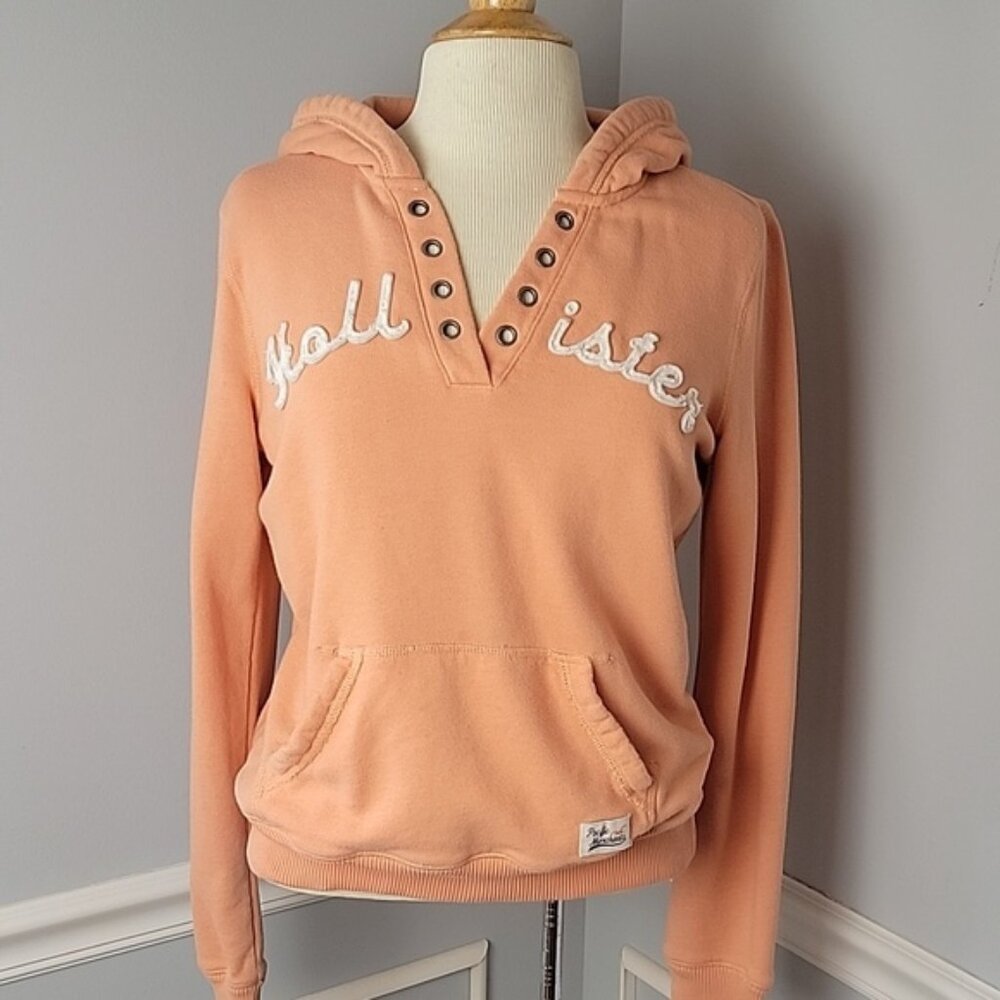 HOLLISTER Peach Stitched Logo Grommet Hoodie Pull Over Y2K Casual Sweatshirt M